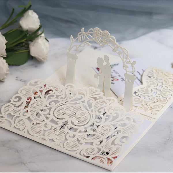 Awesome Ivory Pop up Laser Cut Wedding Invitations with Wedding Arch and Pocket Lcz046 (4)
