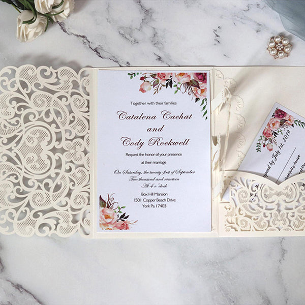 Awesome Ivory Pop up Laser Cut Wedding Invitations with Wedding Arch and Pocket Lcz046 (5)