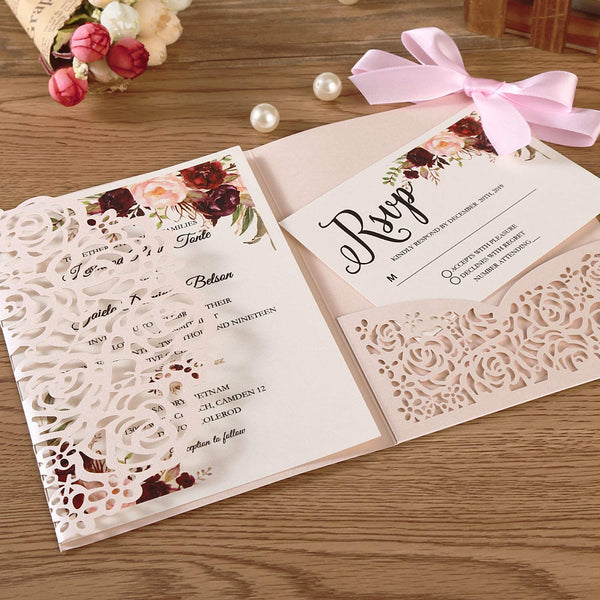 Blush Pink Laser Cut Wedding Invitation With Floral Design (4)