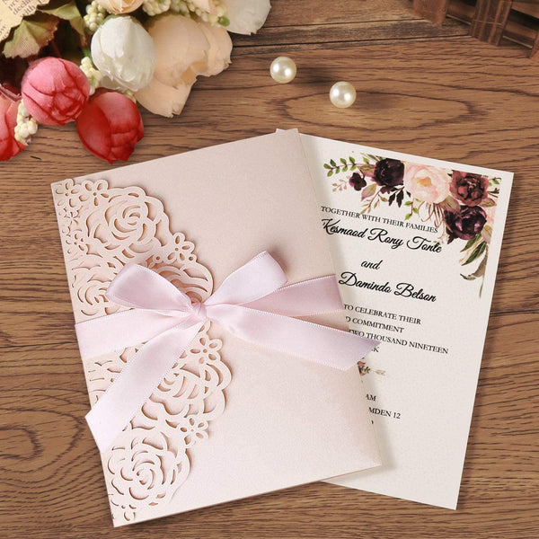 Blush Pink Laser Cut Wedding Invitation With Floral Design (5)