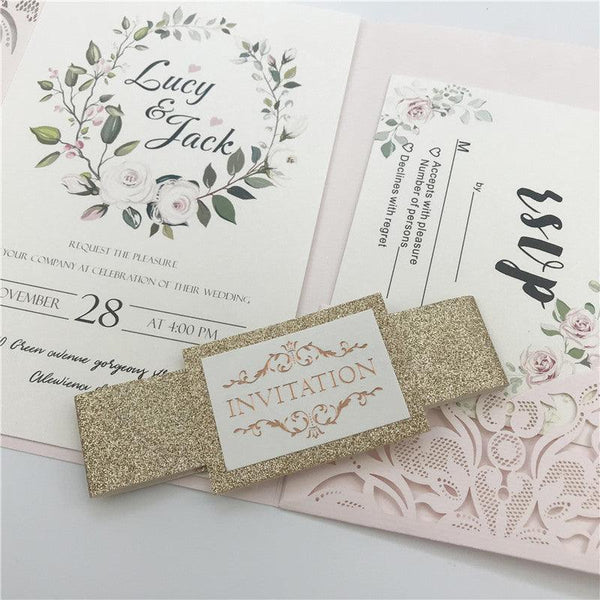 Blush Pink Pocket Laser Cut Wedding Invitations with Gold Glittery Belly Band Lcz076 (5)