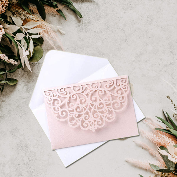 Blush Pink Tri-Fold Laser Cut Wedding Invitation Pocket with Envelopes for Wedding (3)