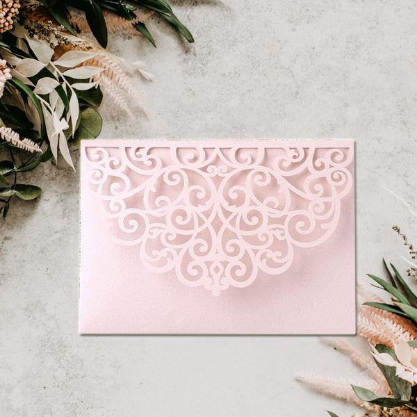 Blush Pink Tri-Fold Laser Cut Wedding Invitation Pocket with Envelopes for Wedding (5)