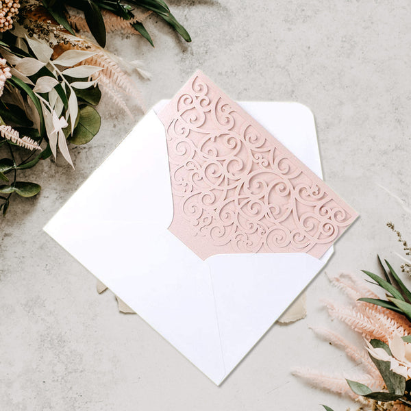 Blush Pink Tri-Fold Laser Cut Wedding Invitation Pocket with Envelopes for Wedding (6)