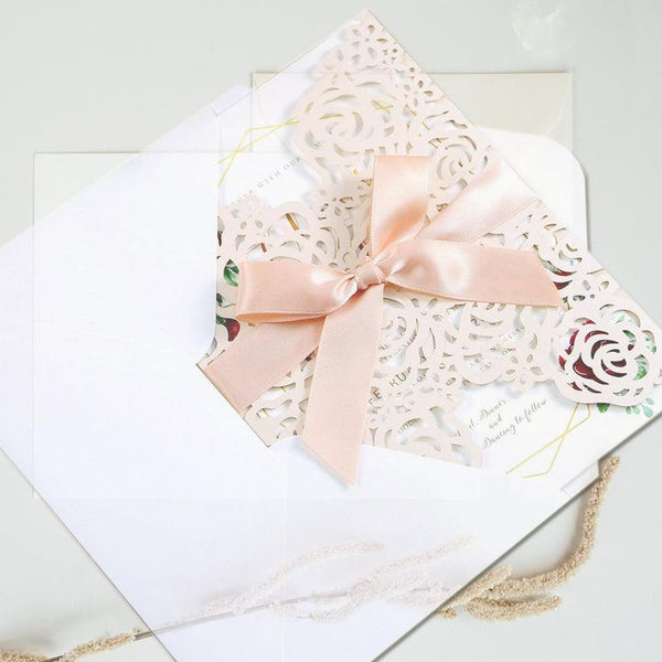Blush Pink Wedding Invitations Cards Laser Cut Hollow Rose With Ribbons (11)
