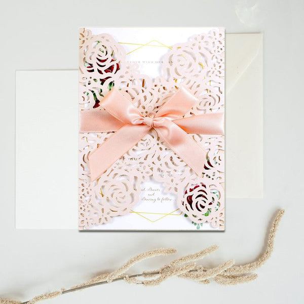 Blush Pink Wedding Invitations Cards Laser Cut Hollow Rose With Ribbons (7)