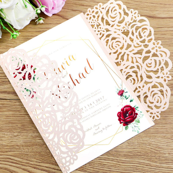 Blush Pink Wedding Invitations Cards Laser Cut Hollow Rose With Ribbons (8)