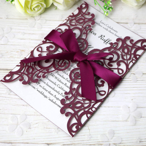 Burgundy Detailed Floral Design Laser Cut Wedding Invitations Cards with Envelopes (2)