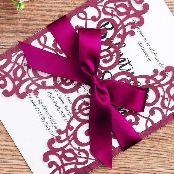Burgundy Detailed Floral Design Laser Cut Wedding Invitations Cards with Envelopes (3)