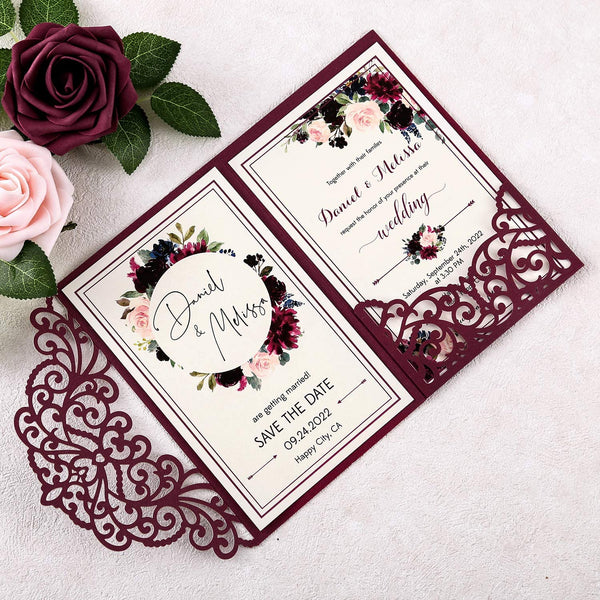 Burgundy Laser Cut Wedding Invitations With Hollow Rose Pocket And Gold Glitter Belly Band (1)