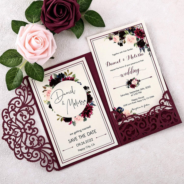 Burgundy Laser Cut Wedding Invitations With Hollow Rose Pocket And Gold Glitter Belly Band (2)