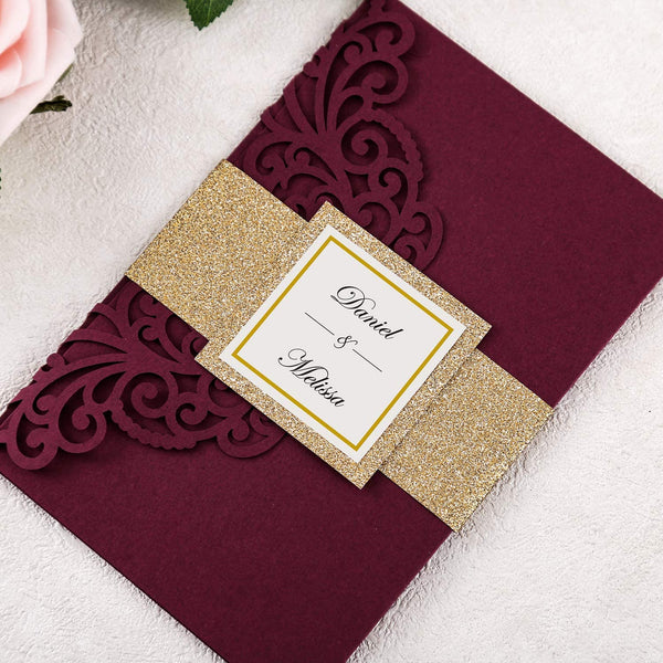 Burgundy Laser Cut Wedding Invitations With Hollow Rose Pocket And Gold Glitter Belly Band (3)