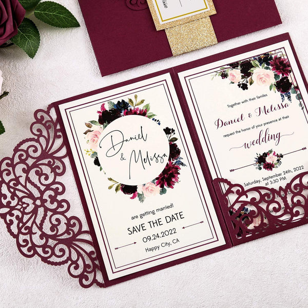 Burgundy Laser Cut Wedding Invitations With Hollow Rose Pocket And Gold Glitter Belly Band