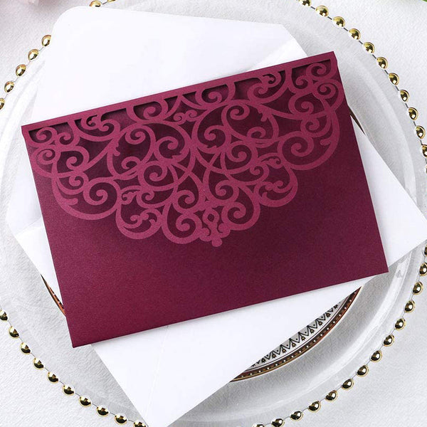 Burgundy Tri-Fold Laser Cut Wedding Invitation Pocket with Envelopes (3)