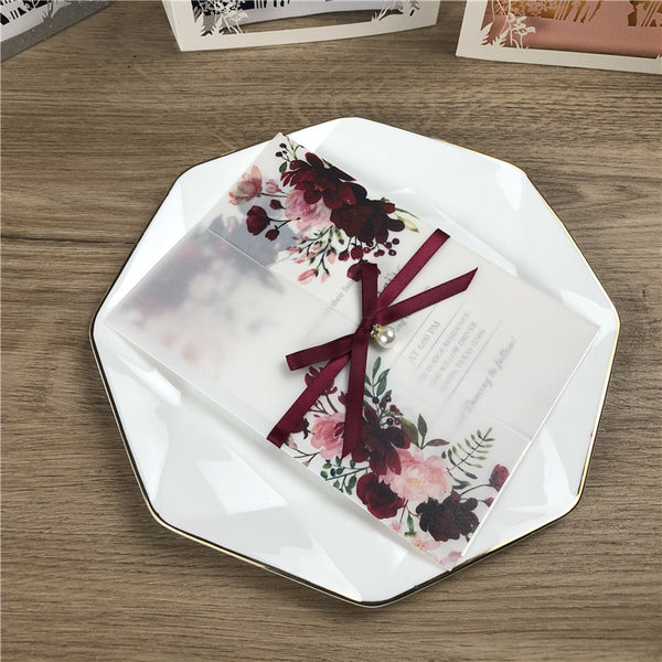 Burgundy and Pink Floral UV Printed Wedding Invitations on Vellum Paper with Ribbon and Cute Pearl Lcz069 (3)