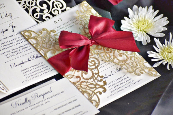 Champagne Gold and Burgundy Glittery Laser Cut Wedding Invitations (4)
