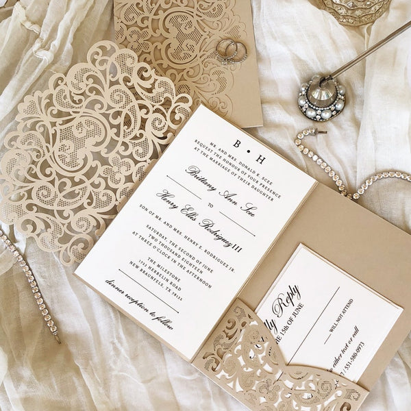 Champagne Gold and Ivory Shimmer Laser Cut Wedding Invitation (2)