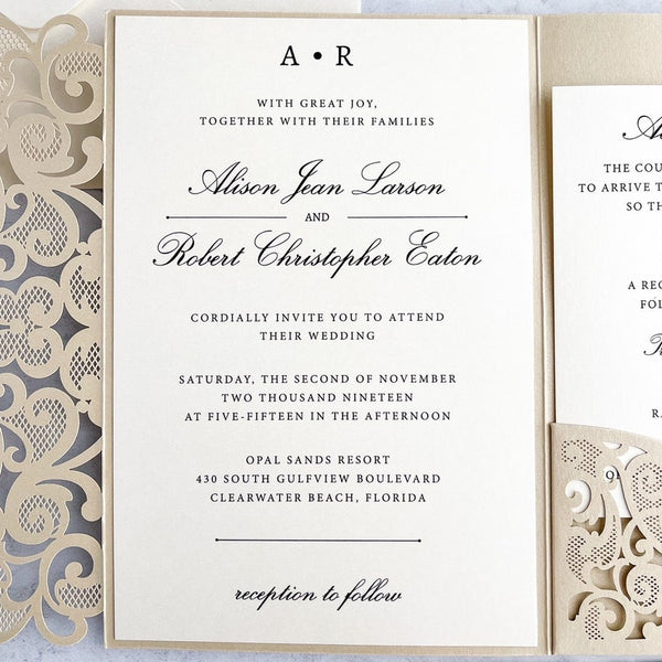 Champagne Gold and Ivory Shimmer Laser Cut Wedding Invitation (4)