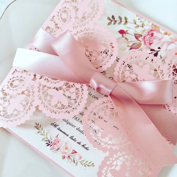 Charming Pink Laser Cut Wedding Invitations with Ribbon (4)