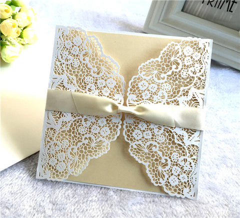 Cheap chic modern white laser cut wedding invitations with gold inner cards LC057_1