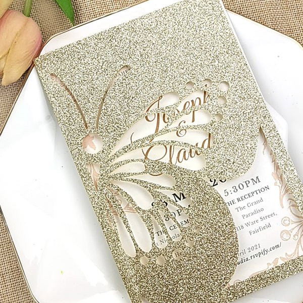 Chic Champagne Gold Glittery Laser Cut Wedding Invitations with Butterfly Designs Lcz084 (4)