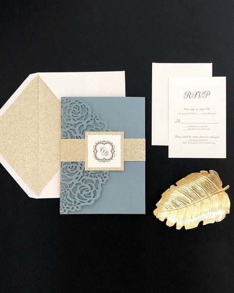 Chic Dusty Blue and Glitter Gold Elegant Laser Cut Wedding Invitation (2)