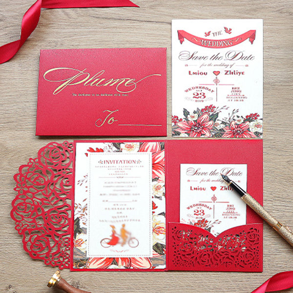 Chic Red Laser Cut Pocket Wedding invitations with Floral Design Lcz028 (5)