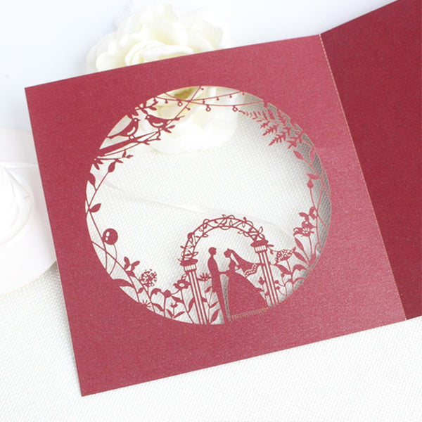 Chic Square Red Laser Cut Wedding Invitation with pocket (1)