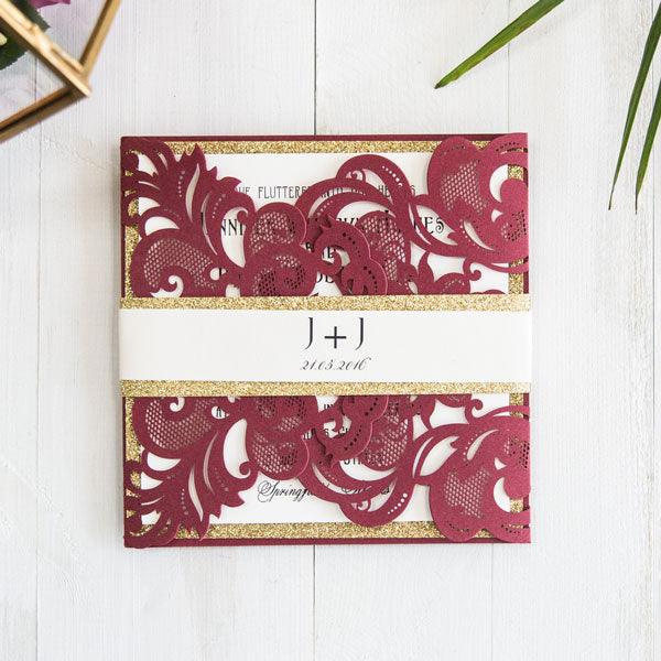 Chic and Classic Lasercut Burgundy Invitation With Belly Band, Gold glitter (1)