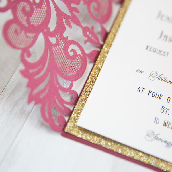 Chic and Classic Lasercut Burgundy Invitation With Belly Band, Gold glitter (3)