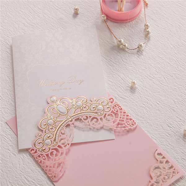 Chic and stylish white pink laser cut wedding invitations LC079 (6)