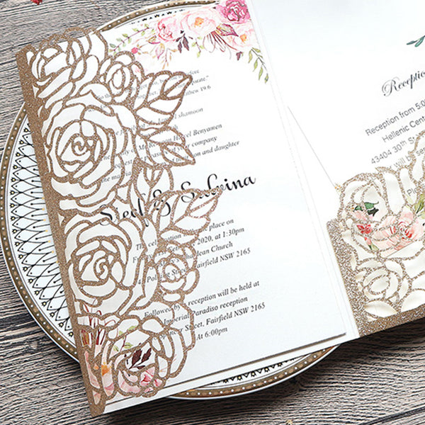 Classic Champagne Gold Glittery Laser Cut Wedding Invitations with Floral Design Lcz078 (2)