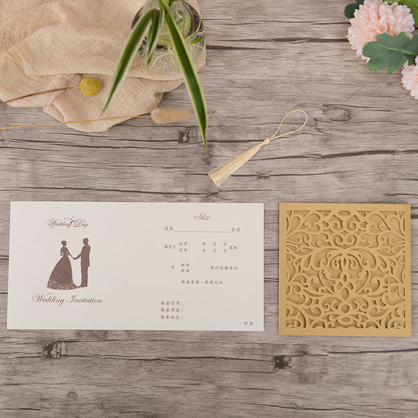 Classic Square Yellow Laser Cut Wedding Invitations with Matching Tassel Lcz105 (3)