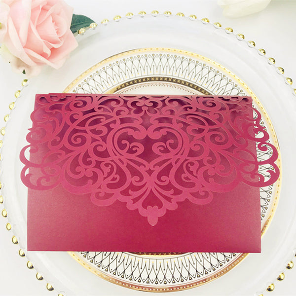 Creative Pop up Burgundy Laser Cut Wedding Invitations with Pockets and Arch Lcz047 (4)