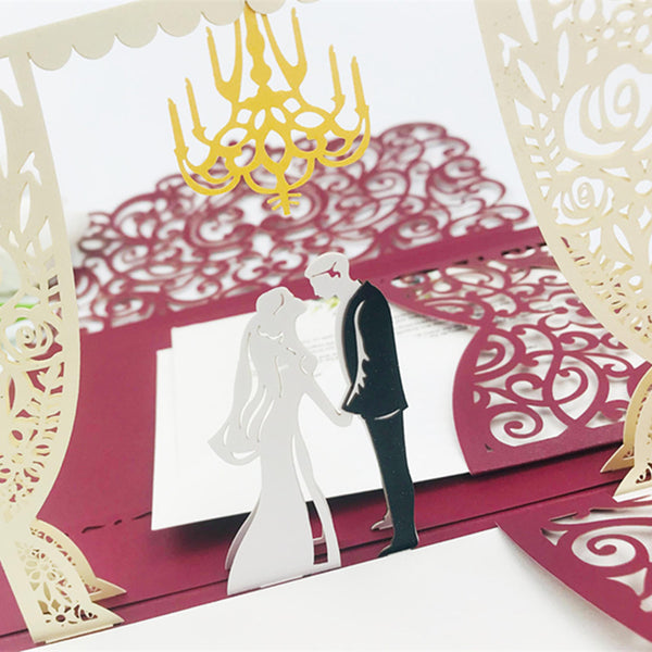 Creative Pop up Burgundy Laser Cut Wedding Invitations with Pockets and Arch Lcz047 (5)
