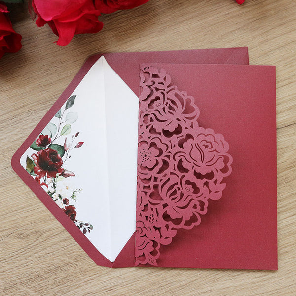 Customizable Burgundy White Laser Cut Wedding Invitations with Pocket and Floral Pattern Lcz082 (1)