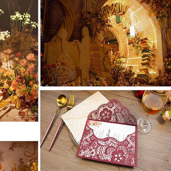 Delicate Burgundy Pocket Laser Cut Wedding Invitations with Carved Pattern Lcz039 (2)