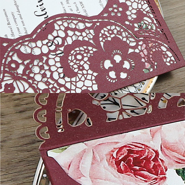 Delicate Burgundy Pocket Laser Cut Wedding Invitations with Carved Pattern Lcz039 (3)