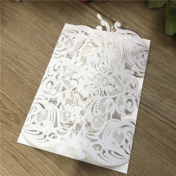 Delicate Silver Fold Laser Cut Wedding Invitations with Glittery Paper Bottom and Burgundy Ribbon Lcz055 (5)