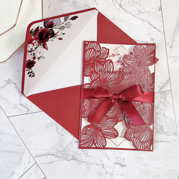 Elegant Chic Burgundy Laser Cut Wedding Invitations with Floral Designs and Ribbon Lcz071 (1)