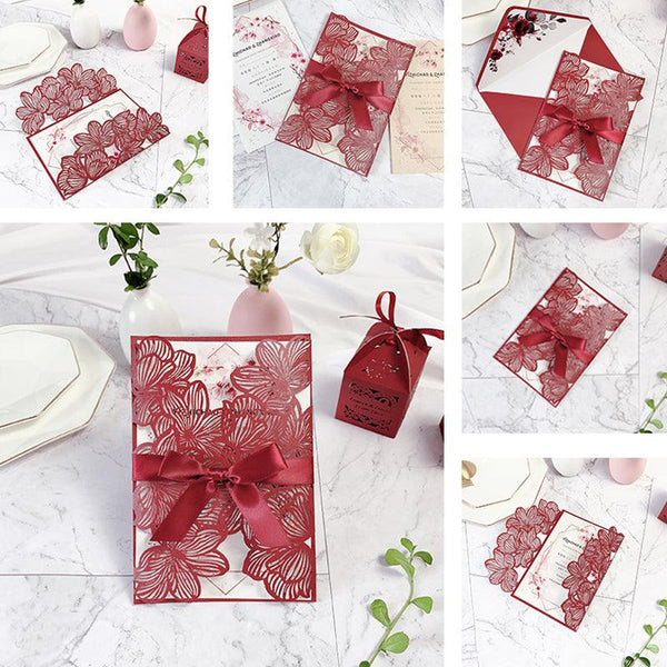 Elegant Chic Burgundy Laser Cut Wedding Invitations with Floral Designs and Ribbon Lcz071 (2)