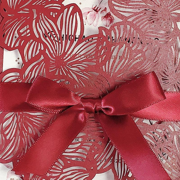 Elegant Chic Burgundy Laser Cut Wedding Invitations with Floral Designs and Ribbon Lcz071 (3)