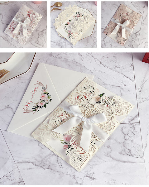 Elegant Chic Ivory Laser Cut Wedding Invitations with Floral Designs and Ribbon Lcz072 (2)