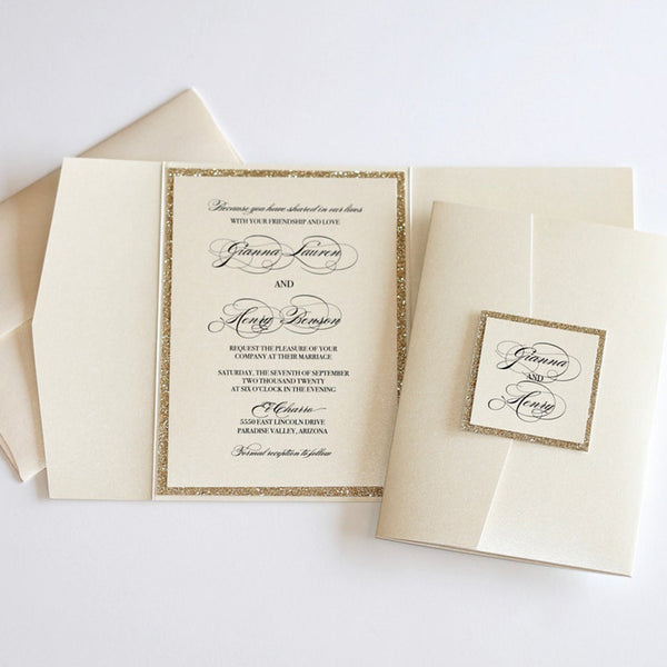 Elegant Gold Pocket Wedding Invitations with Glitter Design (4)