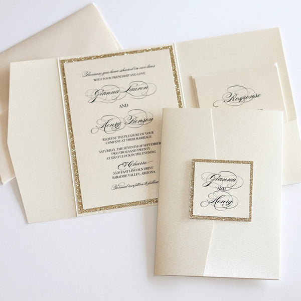 Elegant Gold Pocket Wedding Invitations with Glitter Design