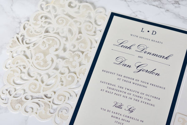 Elegant Ivory and Navy Blue Foil Laser Cut Wedding Invitation (1)