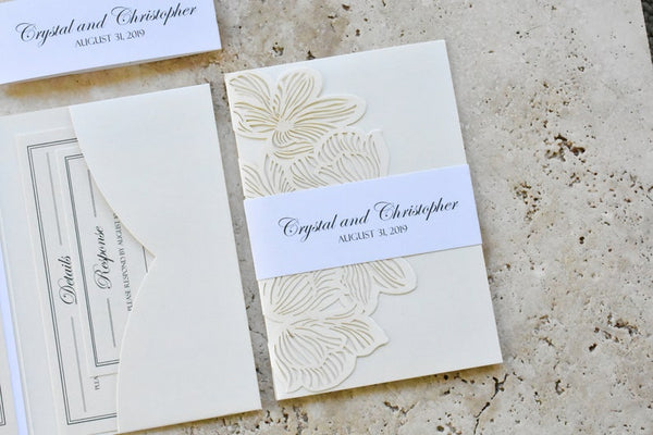 Elegant Ivory and White Laser cut Wedding Invitation with Floral Design (4)