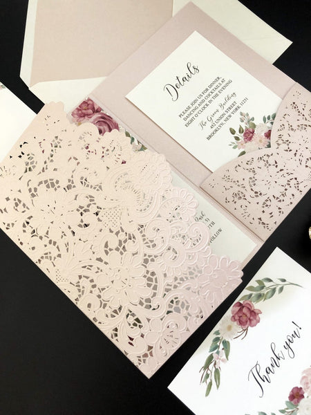 Elegant Pink Wedding Invitations with Laser Cut Pockets (3)