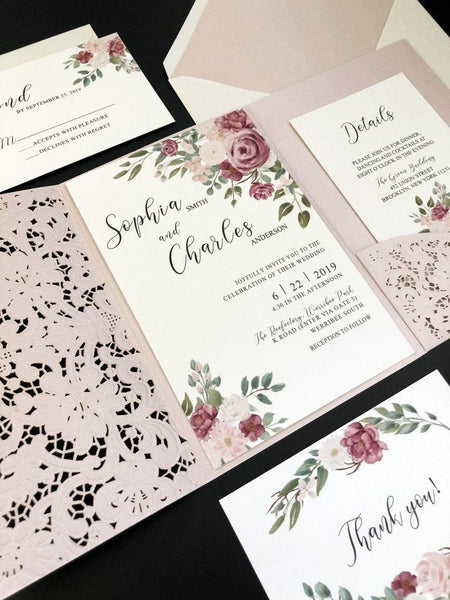Elegant Pink Wedding Invitations with Laser Cut Pockets (4)