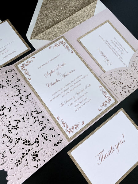 Elegant Pink and Gold Wedding Invitations with gold backer (2)